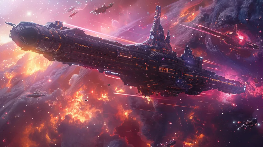 A massive, futuristic spaceship with glowing lights soars through a starry void. It's a scene of galactic warfare, with smaller ships streaking past and explosions of fiery debris in the distance. The vastness of space is emphasized by the ship's size, which appears as a mere speck against the backdrop of distant stars and swirling gas clouds. The image is a captivating blend of futuristic technology and cosmic grandeur.
