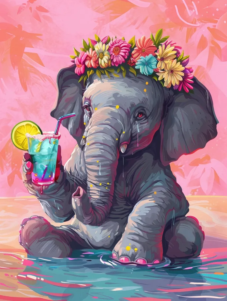 A cartoon elephant, wearing a colorful flower crown, sits in a pool of water, holding a blue and pink cocktail with a lime wedge. The elephant has a pink nose, and is wearing a light pink and white background.  The picture has a lighthearted and playful vibe.