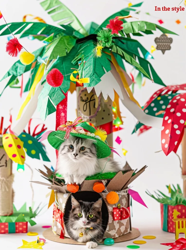 Two cats are sitting on a cardboard structure decorated with paper palm trees, colorful pom-poms, and ribbons. The cat on top is wearing a green straw hat with a red bow. The structure is surrounded by colorful presents and decorations. The cats look at the camera with curious expressions. The scene is playful and festive, capturing the spirit of a whimsical celebration.