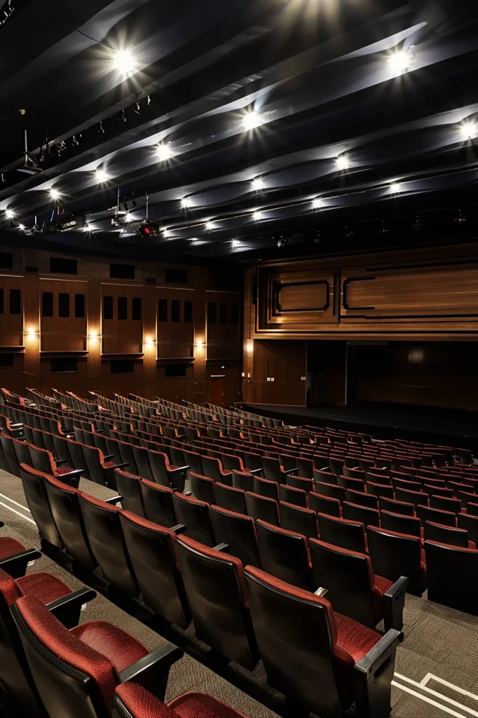 The image shows a large, empty auditorium with rows of red and black seats facing a stage. The ceiling is black with recessed lighting and the walls are a dark wood.  The stage is empty and the lights are off. The image suggests a sense of anticipation and a feeling of waiting for an event to begin.