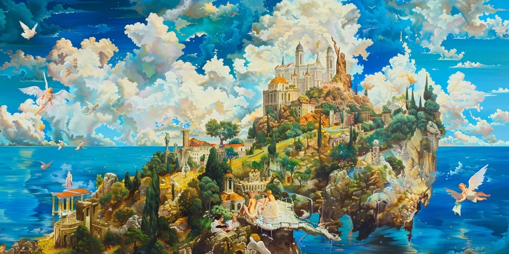 A whimsical, colorful painting depicts a fantastical island city with a large, white palace, nestled amongst lush green trees and rocky cliffs. The island juts out into a bright blue sea, surrounded by a vibrant sky dotted with puffy white clouds and soaring angels. The scene is filled with a sense of wonder and magic.