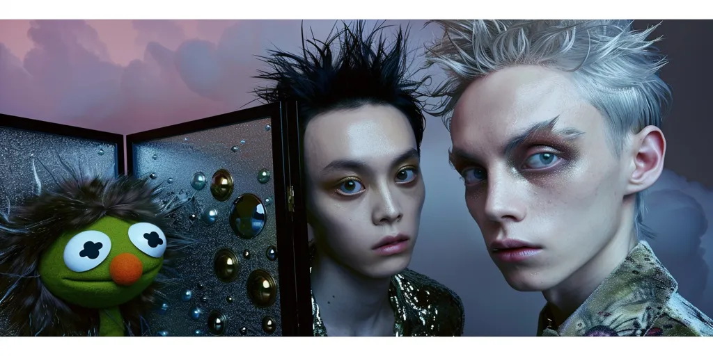 Two young people with dramatic makeup and hairstyles pose for a fashion shoot. One, with spiky black hair, gazes directly at the viewer while the other, with blonde hair styled in a spiky quiff, looks down. The background is a hazy blue and purple, with a furry green monster and a mirrored screen in the foreground. The overall aesthetic is edgy and mysterious.