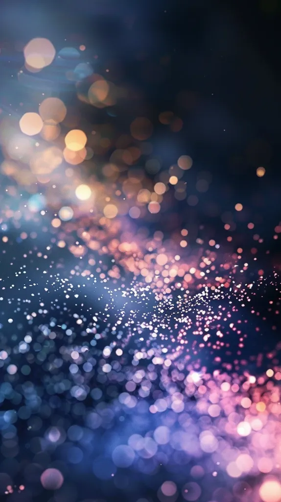 The image is a blurry abstract background with a dark blue, purple and pink gradient. There are many out-of-focus lights creating a shimmering effect. The lights are in different sizes and are scattered randomly, creating a sense of movement and energy. The overall effect is dreamy and ethereal.