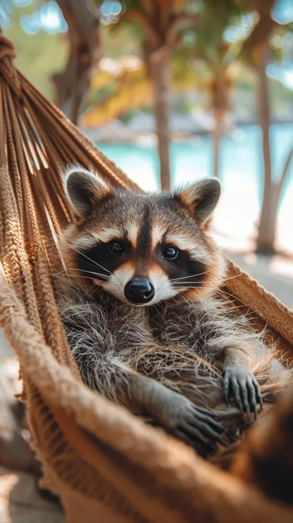 A raccoon is curled up in a hammock, its black mask and beady eyes staring directly at the camera. The hammock is made of brown woven fabric and is hanging between two palm trees. The raccoon's fur is fluffy and grey, and its paws are resting on the hammock. The background is blurred, suggesting a tropical setting.  The image captures a moment of peaceful relaxation for this wild animal.