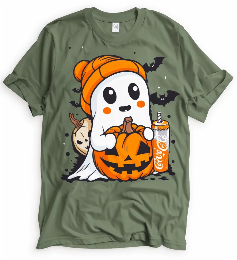 The image shows a green t-shirt with a cute cartoon ghost design. The ghost is wearing an orange beanie and holding a jack-o'-lantern. There are bats flying around the ghost, as well as a can of Coca-Cola. The design is perfect for Halloween.