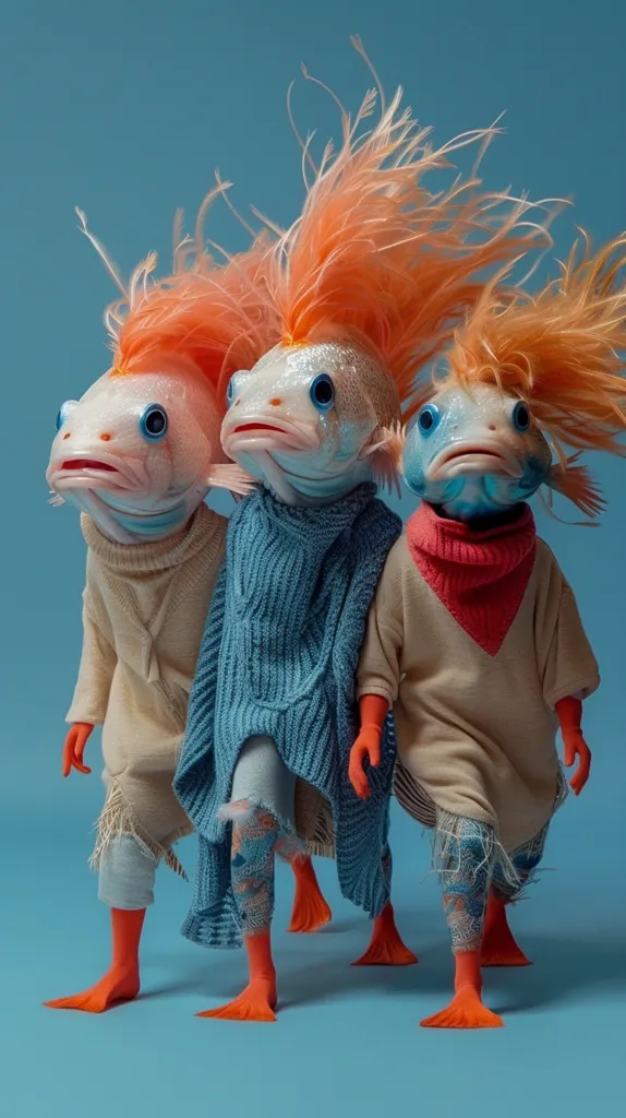 Three anthropomorphic fish with orange feathery fins, wearing sweaters and leggings, are walking on a blue background. The middle fish has a blue sweater, the one on the left has a beige sweater, and the one on the right has a beige sweater with a red bandana. They are all looking forward with serious expressions. The image is surreal and whimsical.