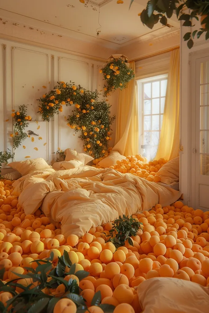 A bed is nestled in a room overflowing with oranges, creating a dreamy, citrusy atmosphere. The bed is draped in soft, yellow bedding, and a window with yellow curtains provides a glimpse of the outdoors. Orange blossoms hang from the ceiling, adding a touch of natural beauty to the room. The scene is bright, cheerful, and whimsical.