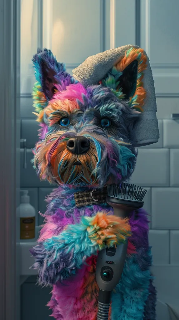 A fluffy, rainbow-colored dog stands in a bathroom, looking directly at the camera. It is wearing a white towel on its head and has a black and white checkered collar. It is holding a black hair dryer with a brush attachment. There is a bottle of shampoo and a white tiled wall in the background. The dog's fur is soft and colorful, and its eyes are blue and bright.  The overall tone of the image is playful and whimsical.