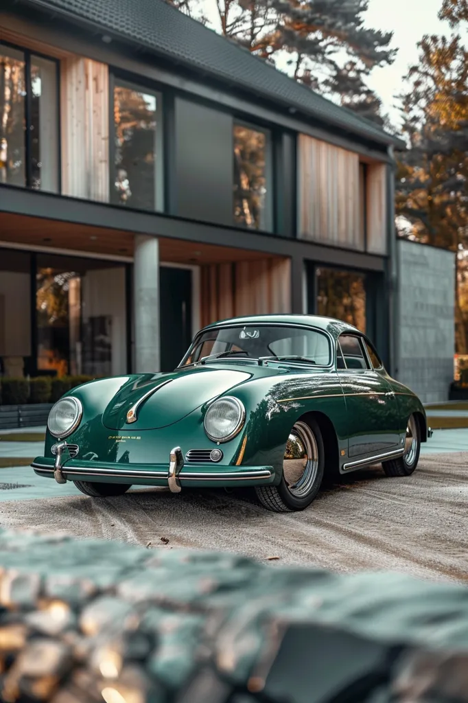 A classic, dark green Porsche 356 sits parked in front of a modern, two-story home with large windows. The house features a wooden exterior with a black roof and is surrounded by trees. The car is gleaming in the afternoon sunlight, showcasing its sleek design and chrome accents. The scene exudes a sense of luxury and sophistication.