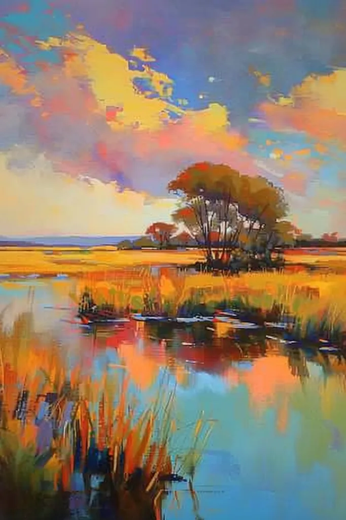 The painting depicts a tranquil landscape with a still, reflective lake in the foreground.  Vibrant colors paint the sky with a soft, pastel-hued sunset, while a cluster of trees stand silhouetted against the golden horizon. The lake reflects the sky, creating a mesmerizing kaleidoscope of color.  The scene evokes a sense of peace and serenity.