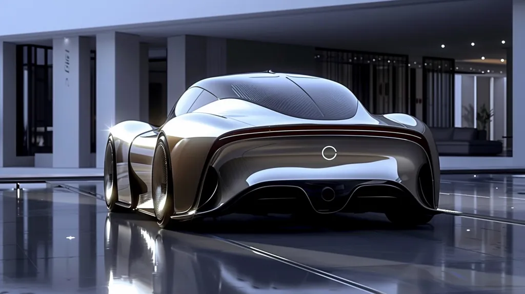 The image shows a sleek, silver, futuristic car parked in front of a modern building. The car has a low profile and a distinctive rear design, with a rounded, aerodynamic shape. The car is parked on a reflective surface, which creates a sense of depth and highlights the car's curves. The building behind the car is sleek and modern, with large windows that allow for natural light to illuminate the scene. The image suggests a sense of luxury and innovation.