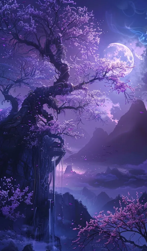 A large, gnarled tree with delicate purple blossoms grows on a cliff overlooking a misty valley. The scene is bathed in a soft purple light, with a large, full moon hanging in the sky. The moonlight illuminates the cascading waterfall that flows down the cliff face. The image evokes a sense of tranquility and otherworldly beauty.