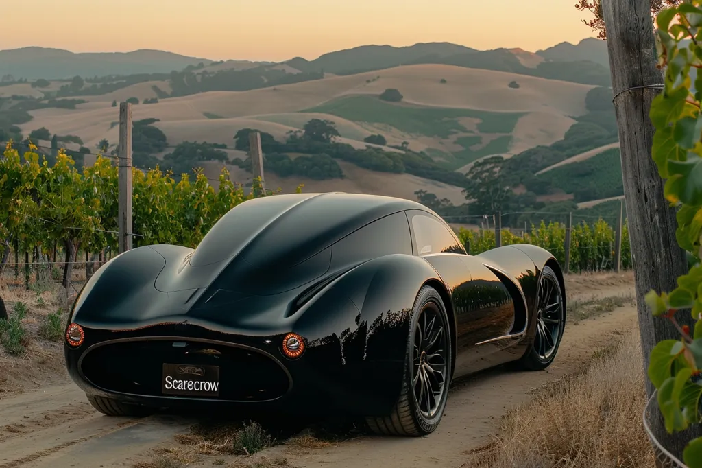 A sleek, black sports car, labeled "Scarecrow," sits parked on a dirt road. The car is positioned with its rear end facing the camera, showcasing its curved design and unique rear lights.  A vineyard and rolling hills create a picturesque backdrop, bathed in the soft light of a setting sun. The scene exudes a sense of luxury and tranquility.