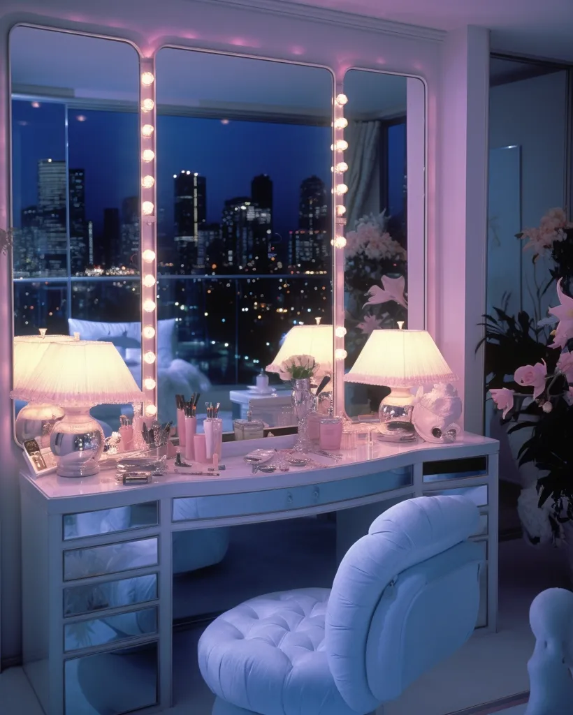A vanity table with a large, mirrored surface, featuring a city skyline at night reflected in the glass. The vanity is lit by a row of bulbs and two lamps. A soft blue chair sits in front, adding a touch of luxury to the space. The room is painted in a pale lavender shade.