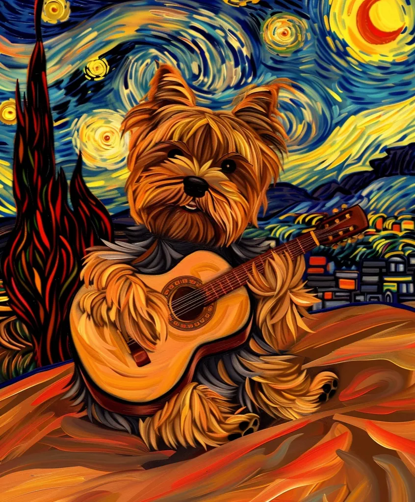 A Yorkshire Terrier sits with a guitar in its lap against a swirling starry night sky, reminiscent of Van Gogh's "Starry Night." The dog's fur, the guitar, and the sky are painted in vibrant, swirling strokes, creating a whimsical and artistic scene. The dog has a playful and relaxed expression, suggesting a moment of musical enjoyment.