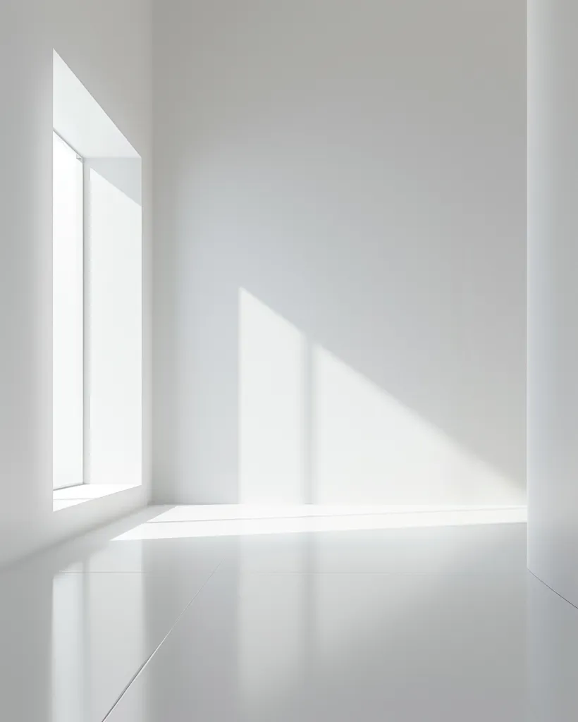 The image shows a minimalist room with white walls, a white floor, and a single window. The window is rectangular and recessed into the wall, casting long, thin shadows on the floor. The room is bright and airy, with a sense of openness and simplicity. The clean lines and lack of clutter create a sense of calm and tranquility.