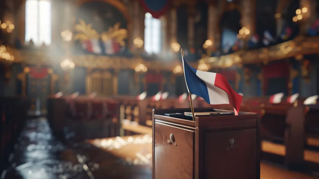 A French flag stands proudly on a wooden podium in a grand hall, its colors vibrant against the backdrop of a blur of ornate architecture and wooden benches. Sunlight streams through a large window, casting a warm glow on the scene. The image evokes a sense of history, tradition, and ceremony.