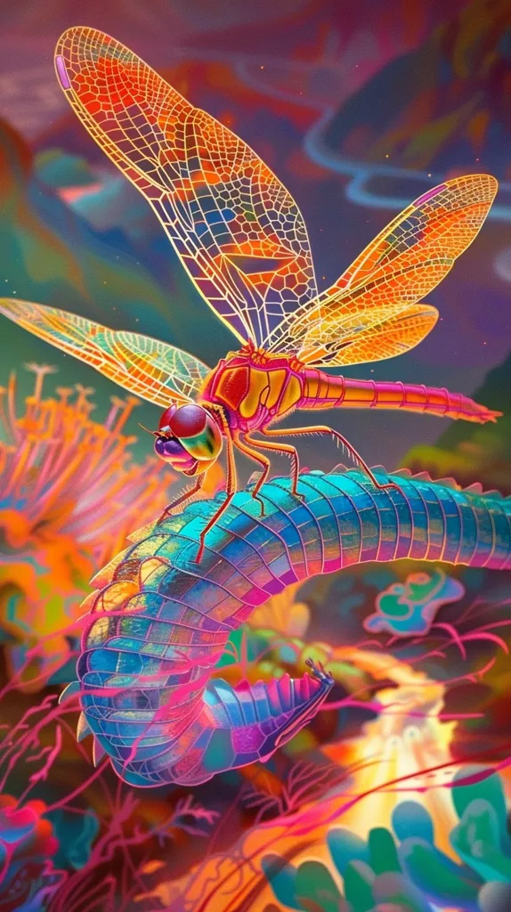 A vibrant dragonfly with intricate, translucent wings rests on a colorful, segmented stem. The background is a blur of swirling hues, creating an ethereal and surreal atmosphere. The dragonfly's body is a mix of reds, yellows, and oranges, while the stem is a blend of blues, greens, and purples. The image is a celebration of color and intricate detail.