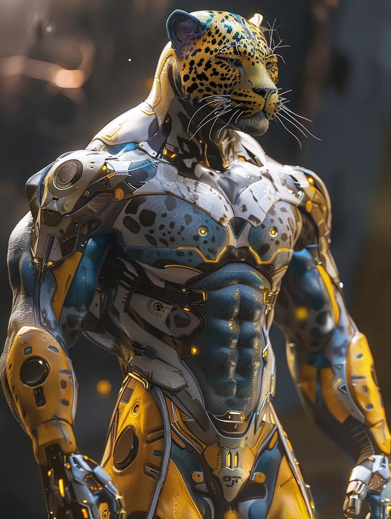 A humanoid figure with a jaguar head is clad in a futuristic, mechanical suit. The suit is primarily white and blue, with yellow accents and a complex, intricate design. The jaguar's head features a black nose and whiskers, and its eyes are closed, giving it an intense and powerful look. The figure stands with its arms crossed, its powerful physique evident beneath the suit.  A backdrop of blurry, golden lights adds a dramatic touch to the scene.  The image blends the animalistic with the technological, creating a visually striking and imaginative composition.