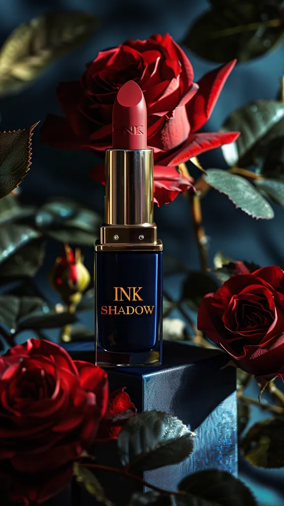 A lipstick tube with a golden cap and a dark blue base sits on a blue box. The label reads "INK SHADOW". Red roses are arranged around the lipstick, creating a dramatic and elegant composition. The dark background emphasizes the rich colors of the lipstick and roses.