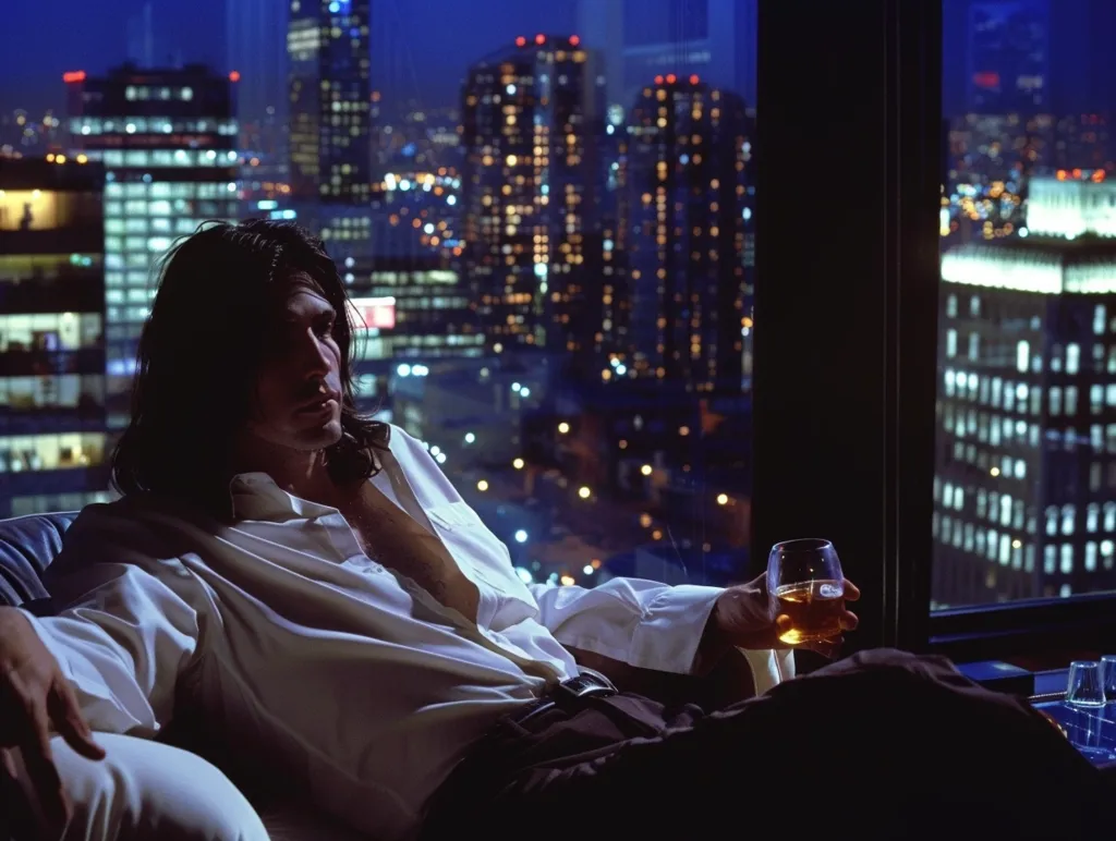 A man in a white shirt sits by a window in a dimly lit room. He gazes out at the city skyline, illuminated by glittering streetlights. He holds a glass of amber liquid, perhaps whiskey, and relaxes in a plush armchair. The cityscape and the man's relaxed posture suggest a night of quiet contemplation.  The image is shot in a cool color scheme, highlighting the contrast between the warm glow of the lights and the cold, dark exterior of the city.