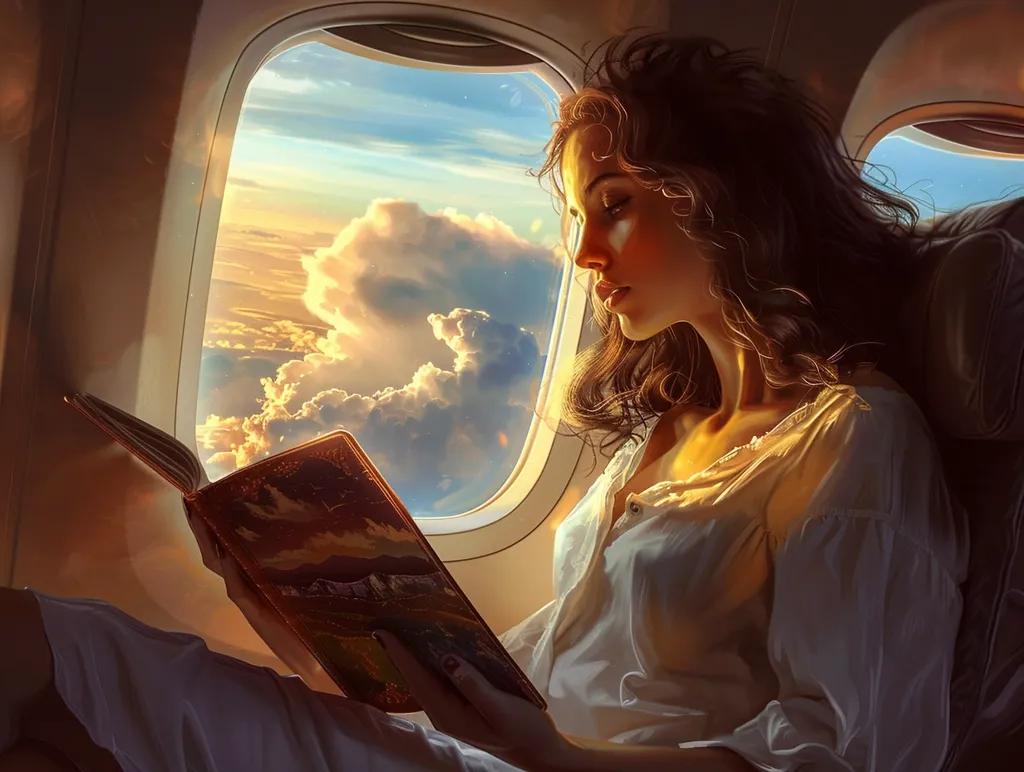A young woman with long brown hair sits in an airplane seat, looking out the window at a cloudy sunset. She is wearing a white shirt and holding an open book in her hands. The sunlight shines through the window, illuminating her face and hair. The image captures a moment of peace and tranquility, as the woman enjoys the view and her book.