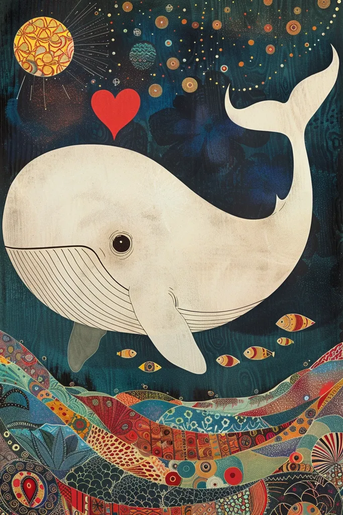 A white whale with a red heart on its back swims through a dark blue sea. The whale has a large eye and a patterned underbelly.  The sea is dotted with small colorful fish, and a large yellow sun shines above. The bottom of the painting features a patterned seabed of various colors and shapes.  The overall feeling of the image is whimsical and childlike.