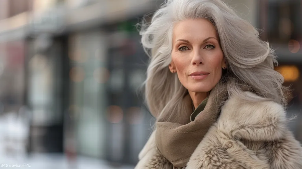 A woman with long, flowing silver hair stands in an urban setting. She wears a warm brown fur coat and a scarf, creating a cozy and sophisticated look. Her face is framed by her silver hair, highlighting her piercing blue eyes and a gentle smile. The blurred background suggests a bustling city environment. She exudes confidence and timeless elegance.