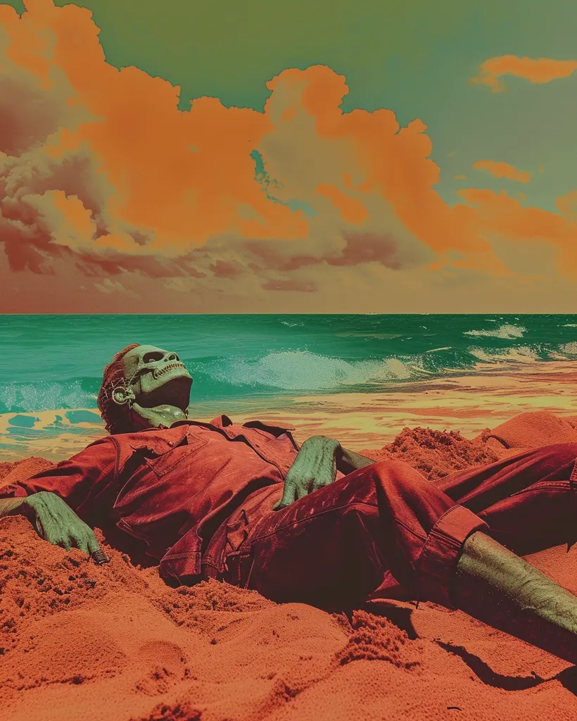 A skeletal figure with green skin lies on a sandy beach with a bright orange sky and a teal ocean behind them. They are wearing a red shirt and pants, with their head tilted back and their eyes closed. The scene has a surreal and otherworldly feel, with the vivid colors and contrasting textures creating a dreamlike atmosphere.