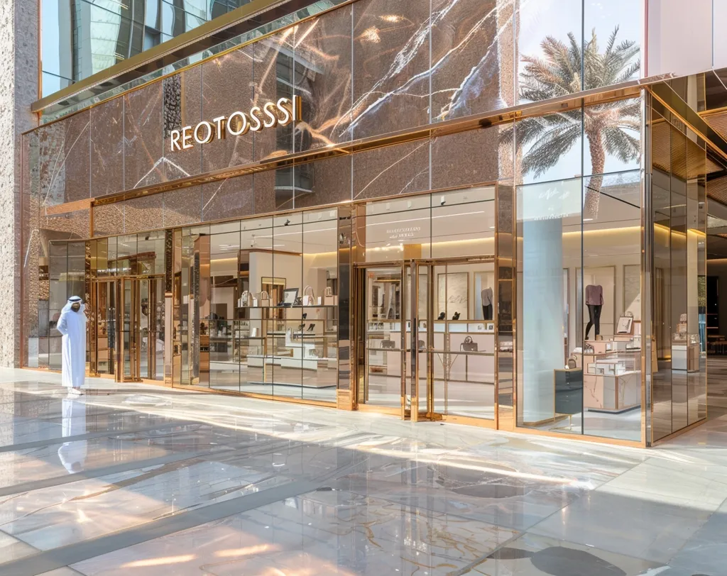 A storefront with the name "REOTOSSS" in gold lettering above the entrance. The store is modern and sleek with large glass windows. A man in traditional clothing stands in front of the store. The floor is tiled in a light color, reflecting the sunlight. The facade of the building is made of large marble panels.  The reflection of a palm tree is visible in the glass of the store window.