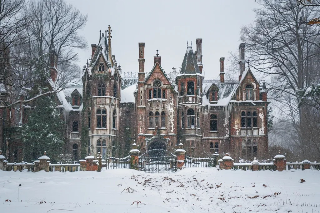 A grand, gothic-style mansion, partially covered in snow, stands in a snowy landscape. The mansion is adorned with intricate details, including pointed arches, tall windows, and a wrought iron gate. Bare trees surround the mansion, adding to the sense of isolation and wintery solitude. The snow-covered ground suggests a recent snowfall, creating a picturesque, yet slightly eerie atmosphere.