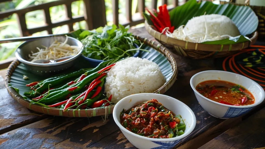 A table is set with a variety of dishes, including a bowl of white rice, a bowl of chili sauce, a bowl of sprouts, and a plate of fresh green and red chili peppers. A basket filled with more chili peppers and greens sits to the side. The table is made of dark wood and the dishes are white ceramic or bamboo.