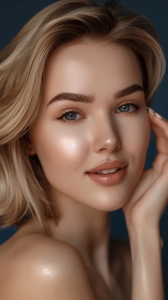 A young woman with blonde hair is looking at the camera with a soft smile.  She has on minimal makeup with a shimmery highlighter.  Her skin is flawless.  Her hand is resting on her cheek and the other is off screen.  The background is a dark blue.