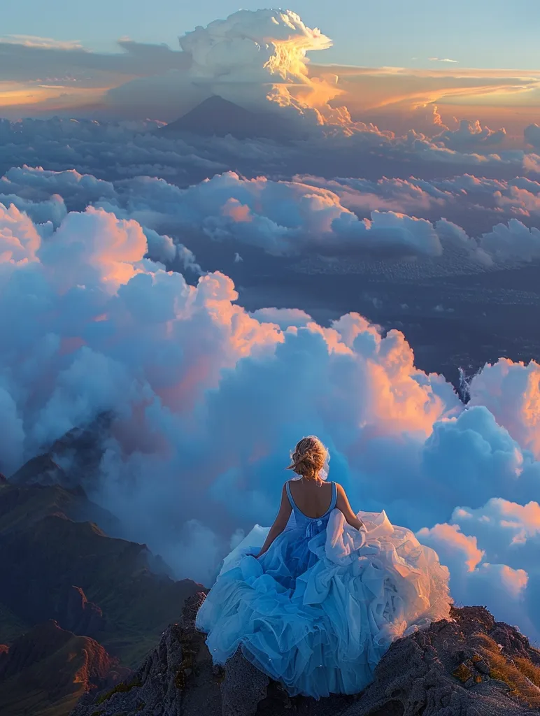 A woman in a flowing blue gown sits on a rocky peak overlooking a vast expanse of clouds. The sky is a canvas of soft blues and pinks, with a distant mountain shrouded in mist. The scene evokes a sense of ethereal beauty and wonder, as if the woman is perched on the edge of a dream.