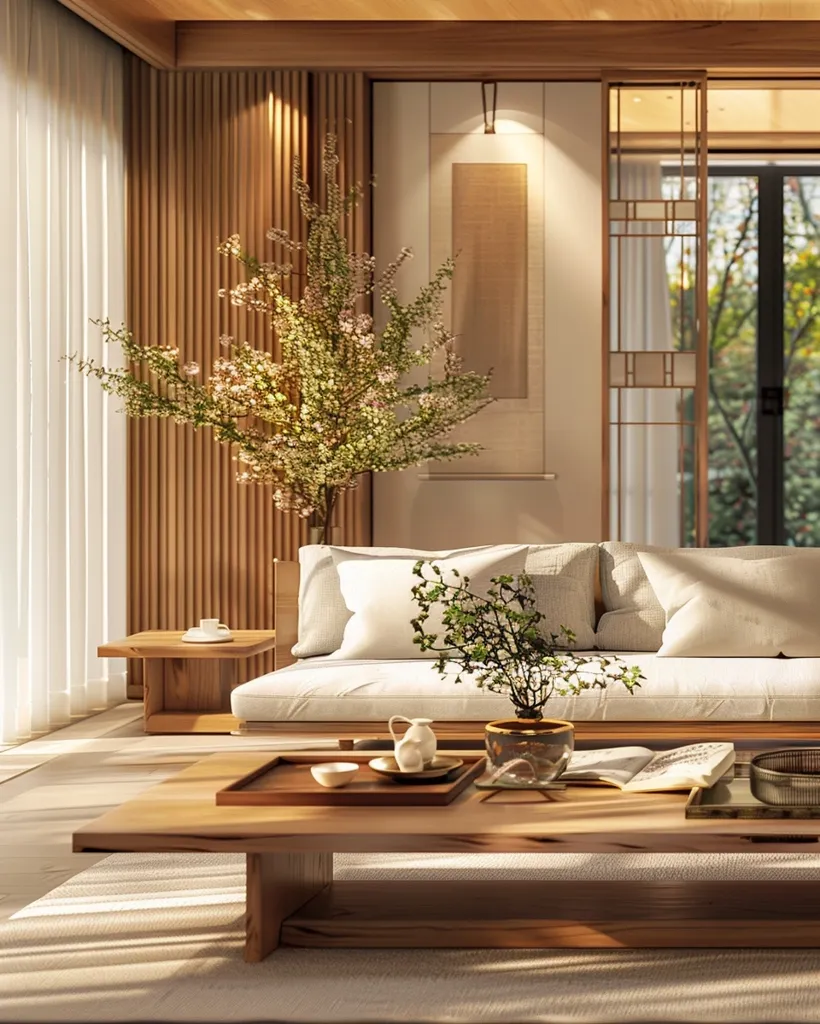 The image shows a modern Japanese-style living room with a white sofa, a wooden coffee table, and a small plant in a pot. There is a window with a view of a garden and a wooden wall with a slatted design. The room is decorated with simple, natural elements, creating a calming and serene atmosphere. The sunlight streams through the window, casting warm light on the room.  The overall design is minimalist and elegant.