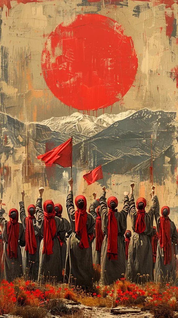 The image depicts a group of people, mostly women, standing in front of a mountainous landscape. They are all wearing long, dark robes with red scarves or head coverings. They hold up red flags in their hands, with a large red circle in the sky above them, suggesting a rising sun. The scene has a strong sense of unity and purpose. The painting is stylized and evokes a feeling of hope and revolution.  The red color is prominent, symbolizing passion and power.  The background has a textured, almost rough quality, which suggests a sense of struggle. The overall image is a powerful and evocative representation of a collective movement.