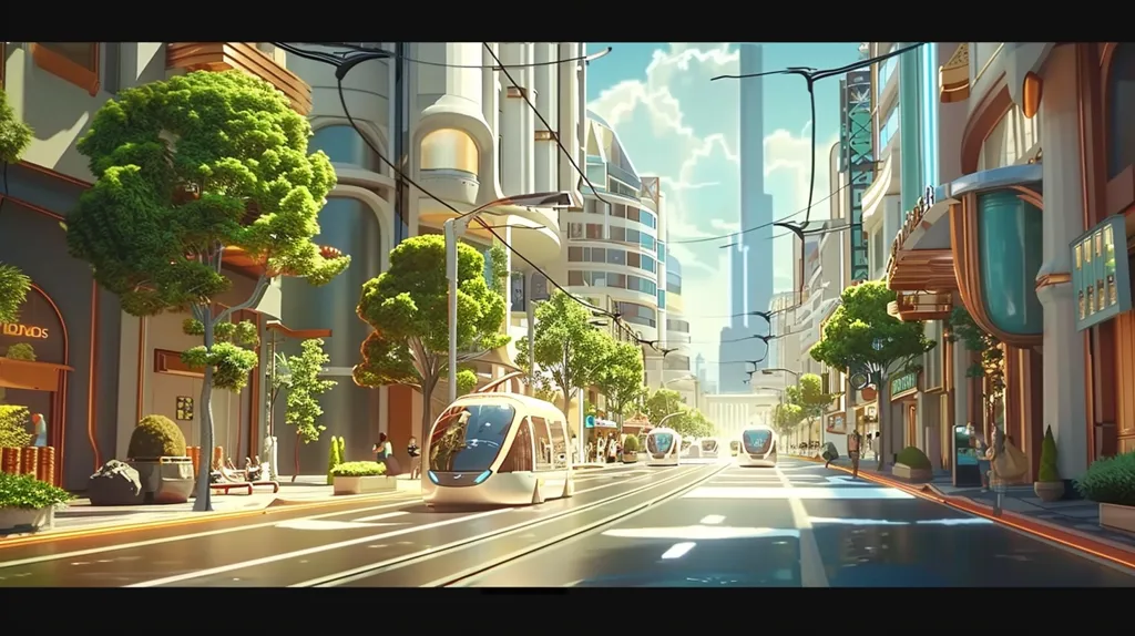 A futuristic city street lined with tall buildings and lush green trees.  A modern tram glides down the middle of the road, while pedestrians walk along the sidewalk. The buildings have sleek, angular designs with large windows, giving the city a sense of progress and style.  The sunlight bathes the street in a warm glow, highlighting the bright colors of the cityscape.  It's a vibrant and optimistic vision of a future metropolis.