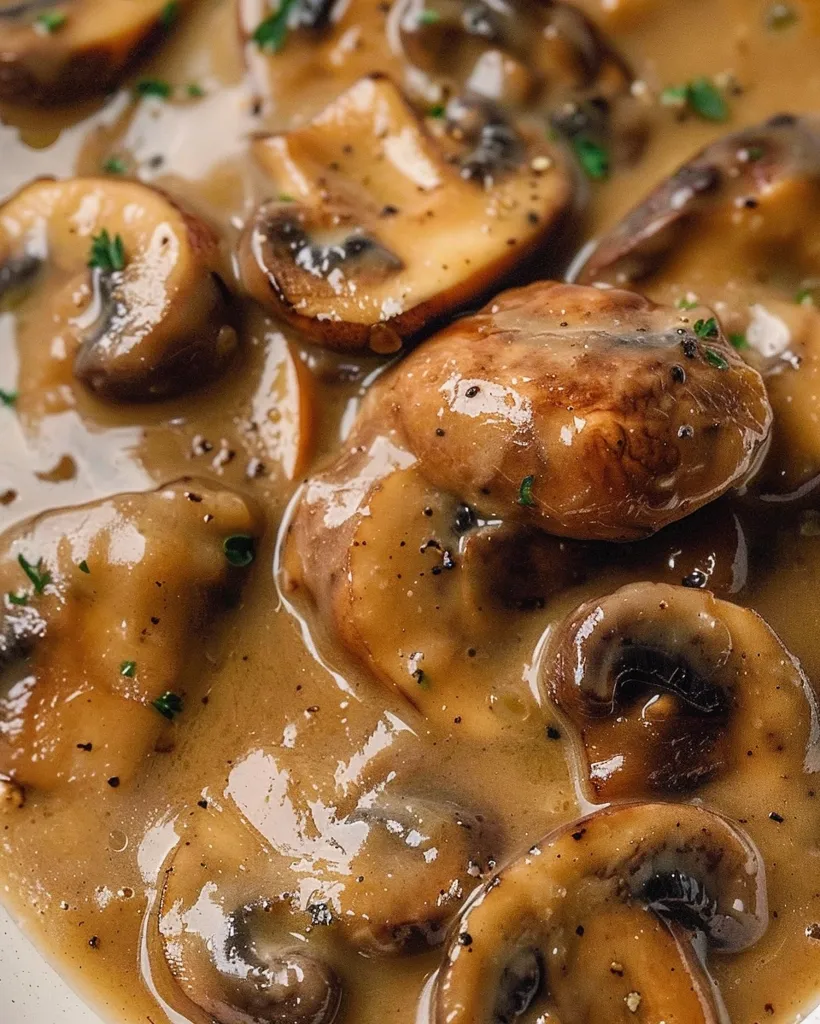 A close-up shot of a creamy mushroom gravy with whole mushrooms. The gravy is rich and brown, and the mushrooms are cooked to a tender texture. The dish is topped with parsley, adding a touch of freshness to the savory flavor.