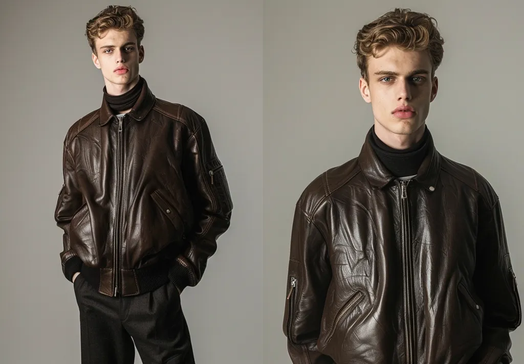 A young man with curly blonde hair is wearing a brown leather bomber jacket and black turtleneck sweater. He is posing in a studio with a neutral background. The jacket has a zipper closure and multiple pockets. The man's expression is serious and focused.  He looks stylish and confident. The image is well-lit and captures the texture of the leather jacket.