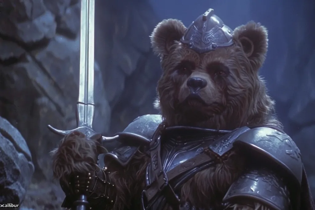 A bear-like creature wearing a suit of armor and a helmet is holding a sword with a serious expression on its face. The background is blurred and dimly lit, adding to the mysterious and fantastical nature of the image. The creature's fur is dark and shaggy, and its eyes are piercing. The sword is large and sharp, emphasizing the creature's power and ferocity.  The image evokes a sense of danger and power, suggesting a fierce warrior ready for battle.