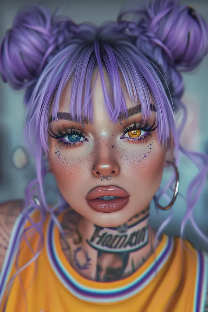 A close-up portrait of a young woman with vibrant purple hair styled in two buns,  she has one blue and one golden eye,  wearing a yellow jersey with rainbow stripes and a nose ring. Her face is adorned with freckles and she is looking directly at the viewer.