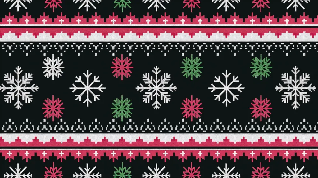 The image is a repeating pattern of snowflakes and geometric shapes. The background is black with white, red, and green snowflakes. There are also thin red and white stripes with plus signs and a white pattern of small squares. The design resembles a festive sweater pattern.