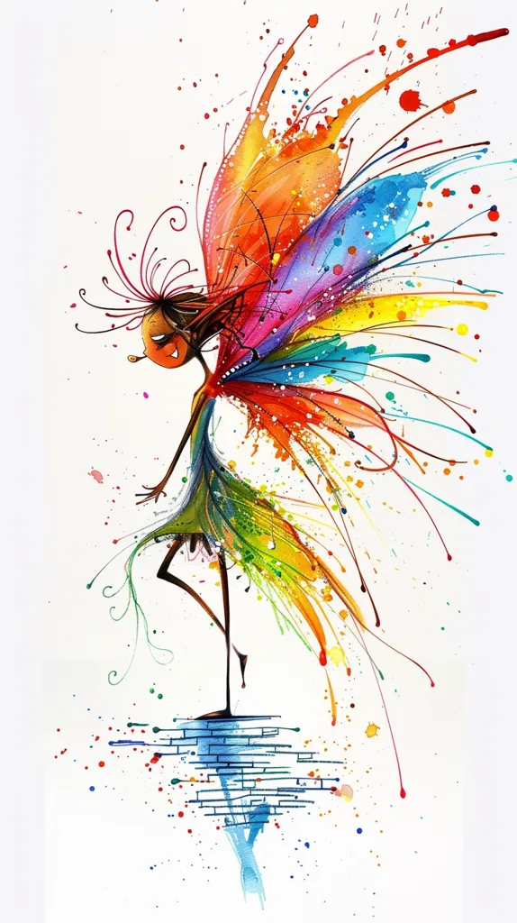 A whimsical illustration of a fairy with vibrant, colorful wings made of splatter paint and lines. The fairy stands on a blue brick path and is surrounded by a burst of color. The artwork is done in a free-flowing, expressive style, capturing a sense of playfulness and magic.