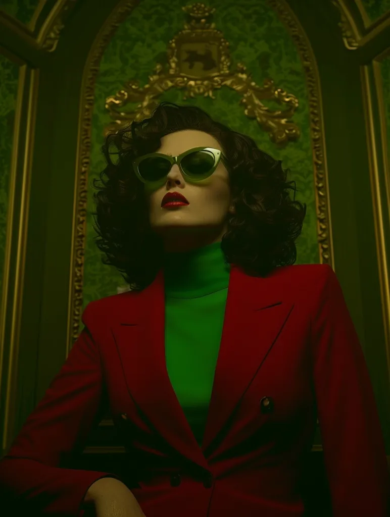 A woman with dark hair and bold red lipstick wears a bright green turtleneck under a crimson blazer. She poses against a backdrop of emerald green and gold, a mysterious, vintage-inspired portrait. Her sunglasses, with their sharp, cat-eye frames, add a touch of cool confidence. The overall image creates a sense of style and mystery, inviting the viewer to imagine the story behind the woman's gaze.