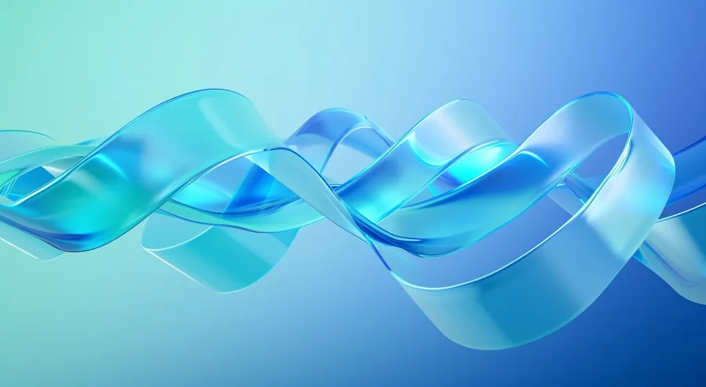 A series of swirling, translucent blue ribbons flow against a blue and green gradient background. The ribbons are smooth and glossy, creating a sense of movement and fluidity. The light reflects off the surface of the ribbons, highlighting their curves and shapes. The image has a modern and abstract feel.