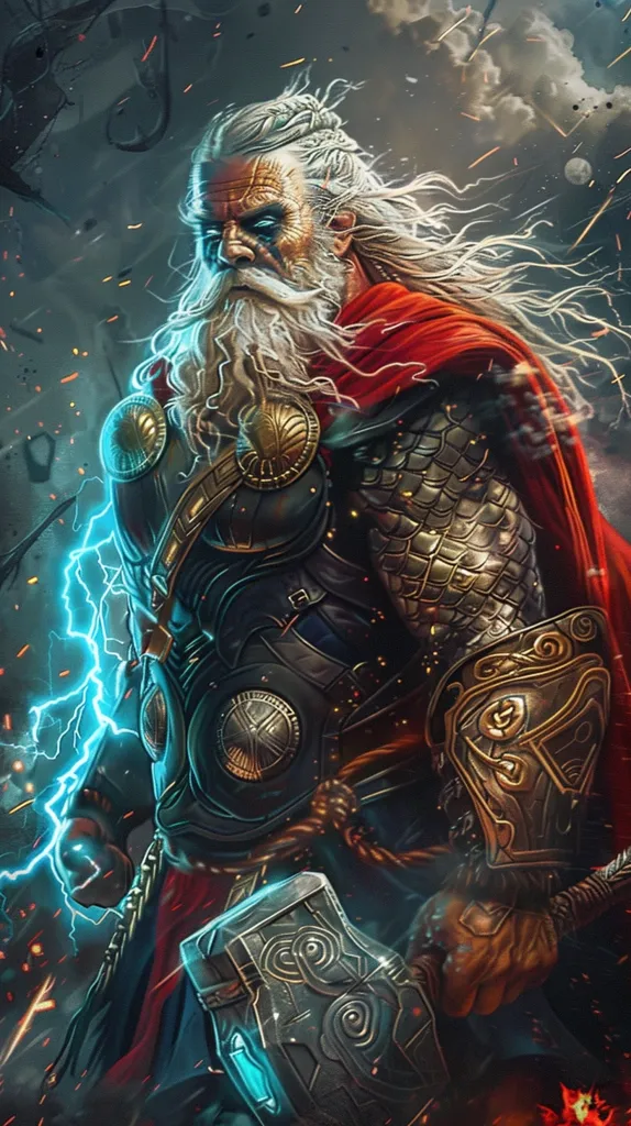 A powerful, weathered warrior with a long white beard and hair, clad in ornate armor and a red cape, stands against a backdrop of swirling energy. He wields a massive hammer, the symbol of Thor, the Norse god of thunder, with lightning crackling around him. The scene suggests a moment of epic battle.  His eyes glow with a fierce intensity, signifying his strength and determination.
