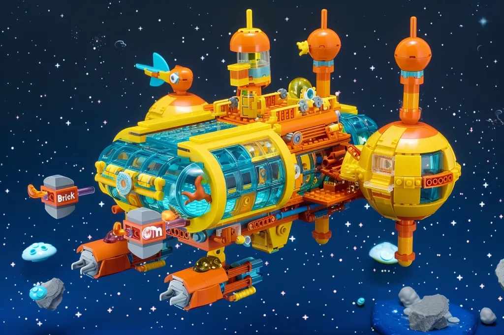 A vibrant Lego spaceship, constructed in yellow, orange, and blue, floats against a dark blue starry backdrop. The intricate design features a large, transparent cockpit, multiple levels, and an array of smaller modules.  The spaceship is equipped with several cannons and a comical yellow fish-shaped antenna, adding a whimsical touch to the futuristic design.  It's a playful and imaginative creation, seemingly ready for interstellar adventures.