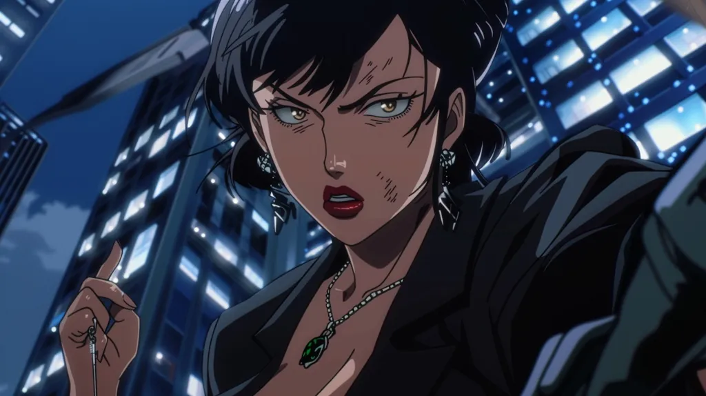 The image depicts a woman with black hair, wearing a black suit jacket and a necklace with a green pendant. She has a fierce expression, with red lipstick and scratches on her face. Her right hand is raised, pointing upwards. The background features a city skyline with tall buildings lit up at night. The image has a dark and mysterious tone.
