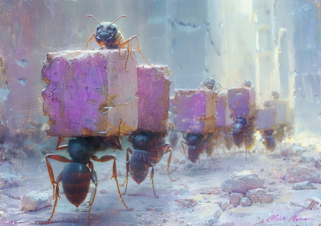 A line of large, anthropomorphic ants are carrying heavy, pink, rectangular blocks across a white, rocky landscape. One ant is standing on its block, looking directly at the viewer. The painting is stylized and dreamlike, with soft edges and a hazy background.  The ant in the foreground is sharply focused, drawing the viewer's eye into the image.  The overall impression is one of industriousness and hard work.