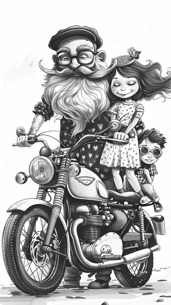 A greying bearded man with glasses and a cap, rides a motorcycle with two children. The girl wears a polka dot dress and a flower in her hair, and the boy has a checkered shirt and sunglasses. They are all smiling and seem to be enjoying their ride.